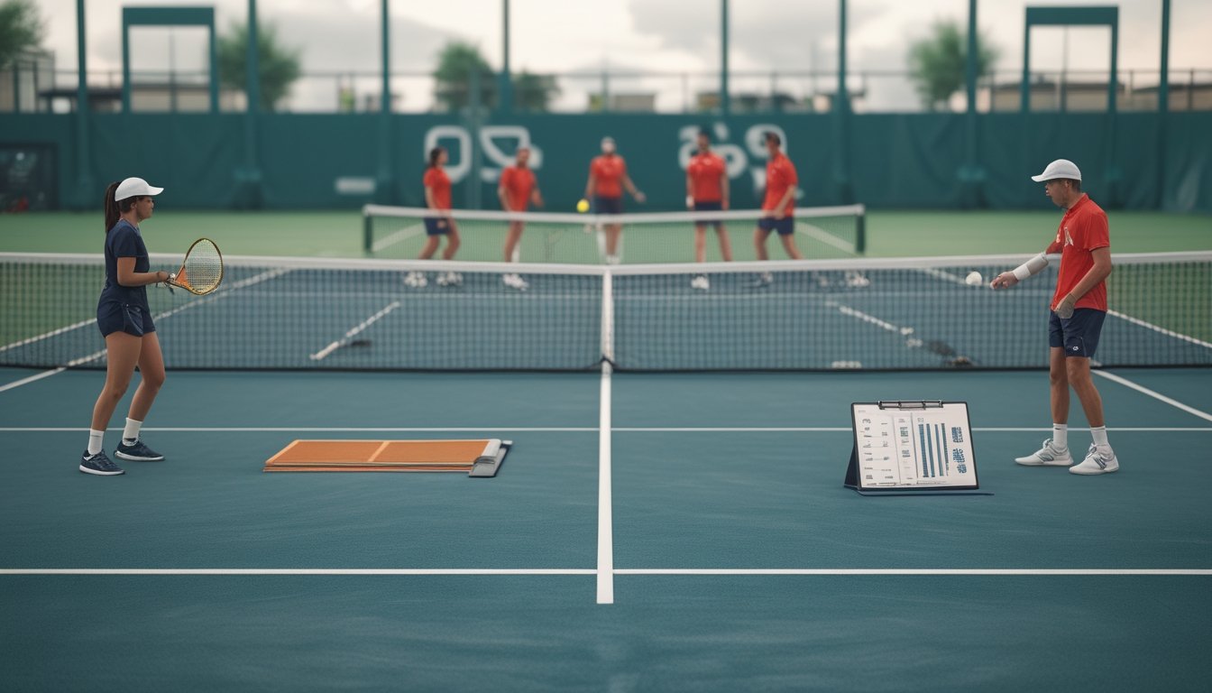 Dua tim tenis ganda bertanding di lapangan, dengan para pemain berkomunikasi dan mengatur strategi.
