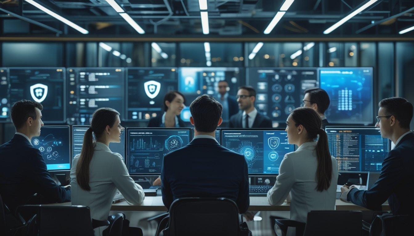 Tim keamanan siber bekerja di kantor modern dengan layar yang menampilkan perlindungan data digital.
