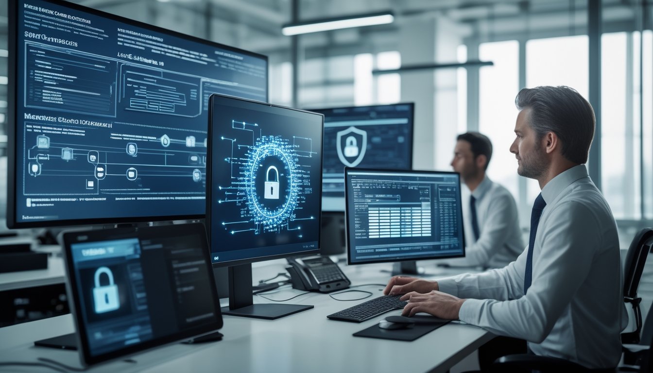 Tim keamanan siber memantau perlindungan data pengguna di pusat operasi modern.