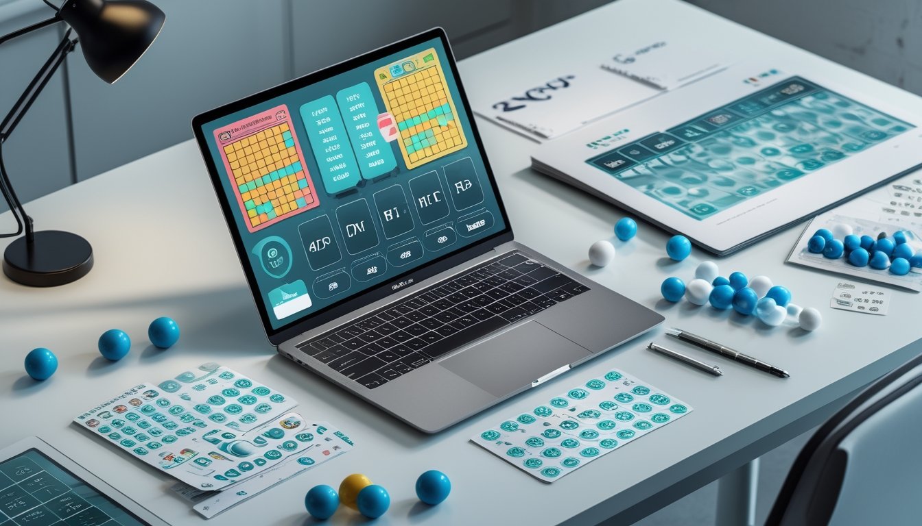 Laptop dan ponsel menampilkan antarmuka permainan angka abstrak di atas meja dengan bola bernomor, kertas kosong, kalkulator, dan pena.
