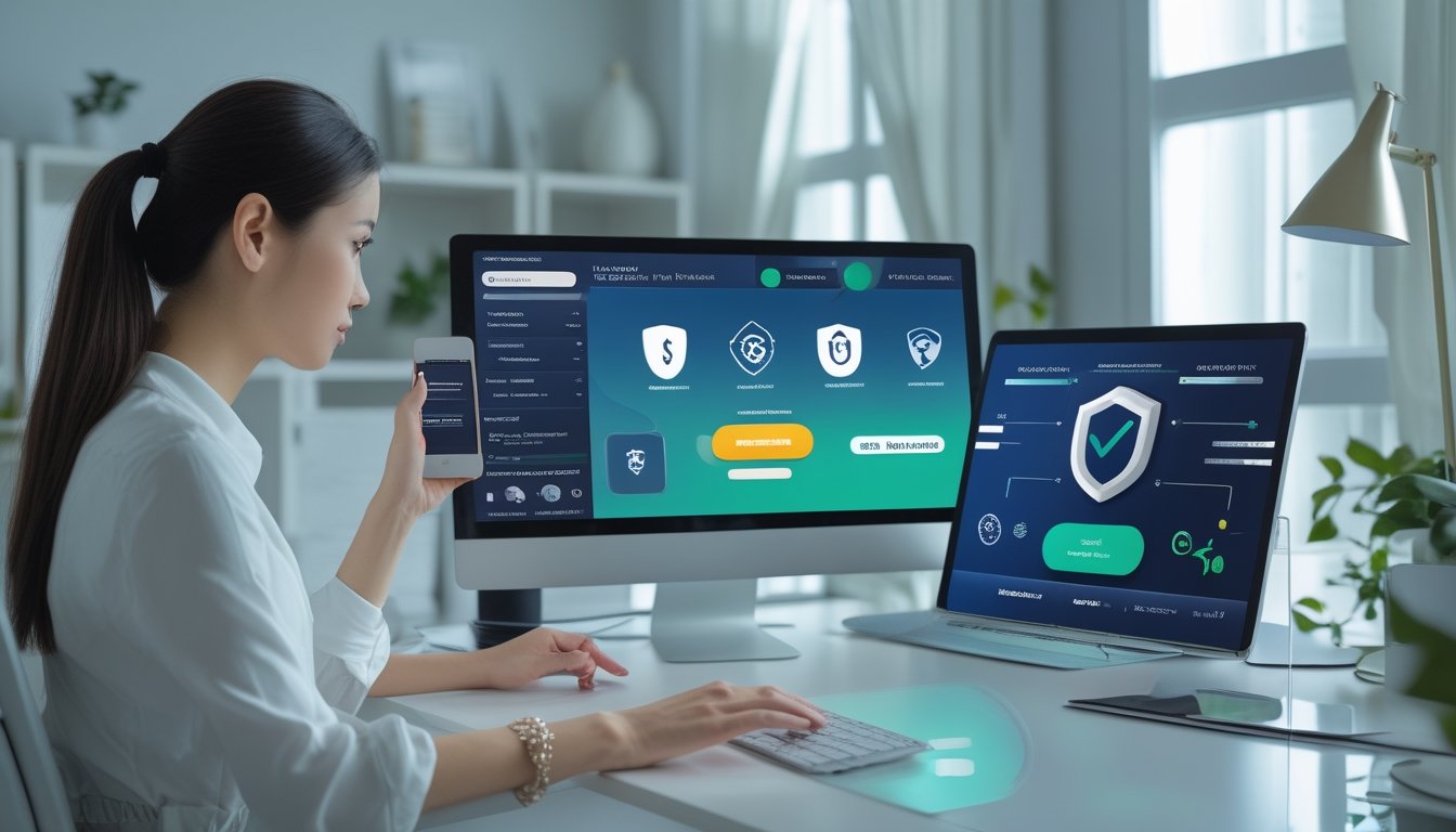 Seseorang memeriksa transaksi digital yang aman melalui laptop dan ponsel di ruang kerja modern.