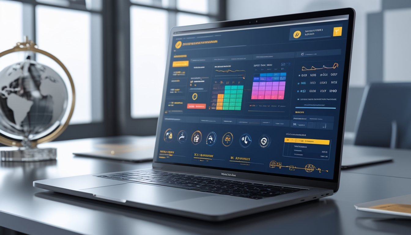 Laptop menampilkan grafik data abstrak di meja kerja modern dengan ornamen globe dan elemen jaringan global.