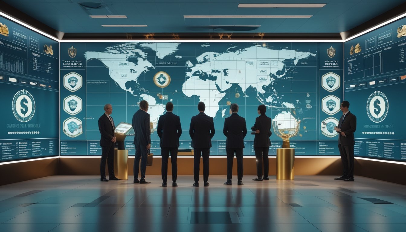 Tim profesional memeriksa data pasar lotere digital dengan simbol keamanan dan peta dunia di ruang kantor modern.