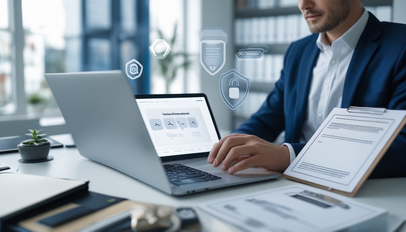 Orang dewasa meninjau platform digital dengan simbol perisai, gembok, dan sertifikasi resmi di lingkungan kantor modern.