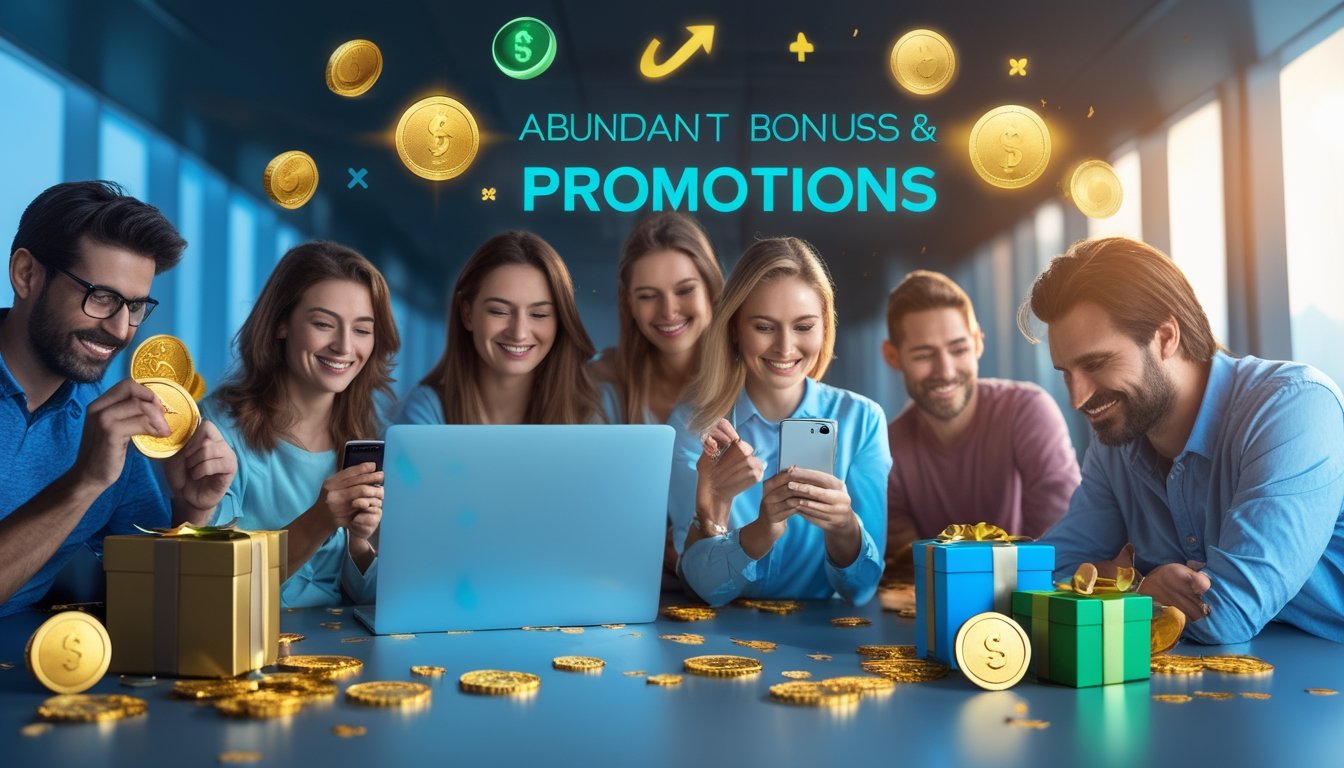 Orang-orang dewasa menggunakan perangkat digital dengan elemen hadiah, koin, dan konfeti di sekitarnya.