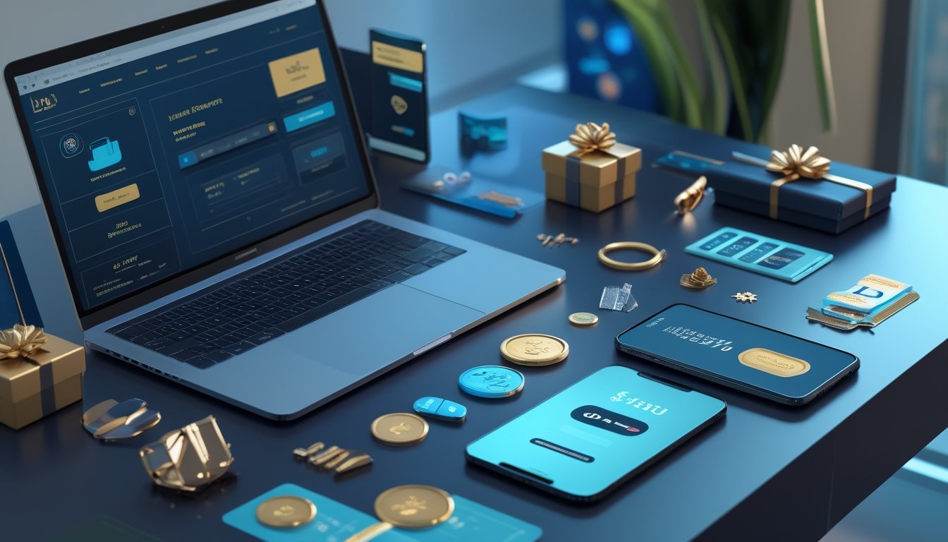 Laptop dan ponsel dikelilingi kotak hadiah, token penghargaan, dompet digital, dan elemen promosi berwarna cerah.