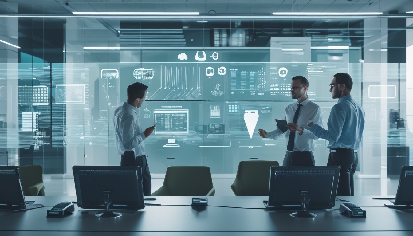 Tim analis mempelajari visualisasi data dan teknologi digital di kantor modern.