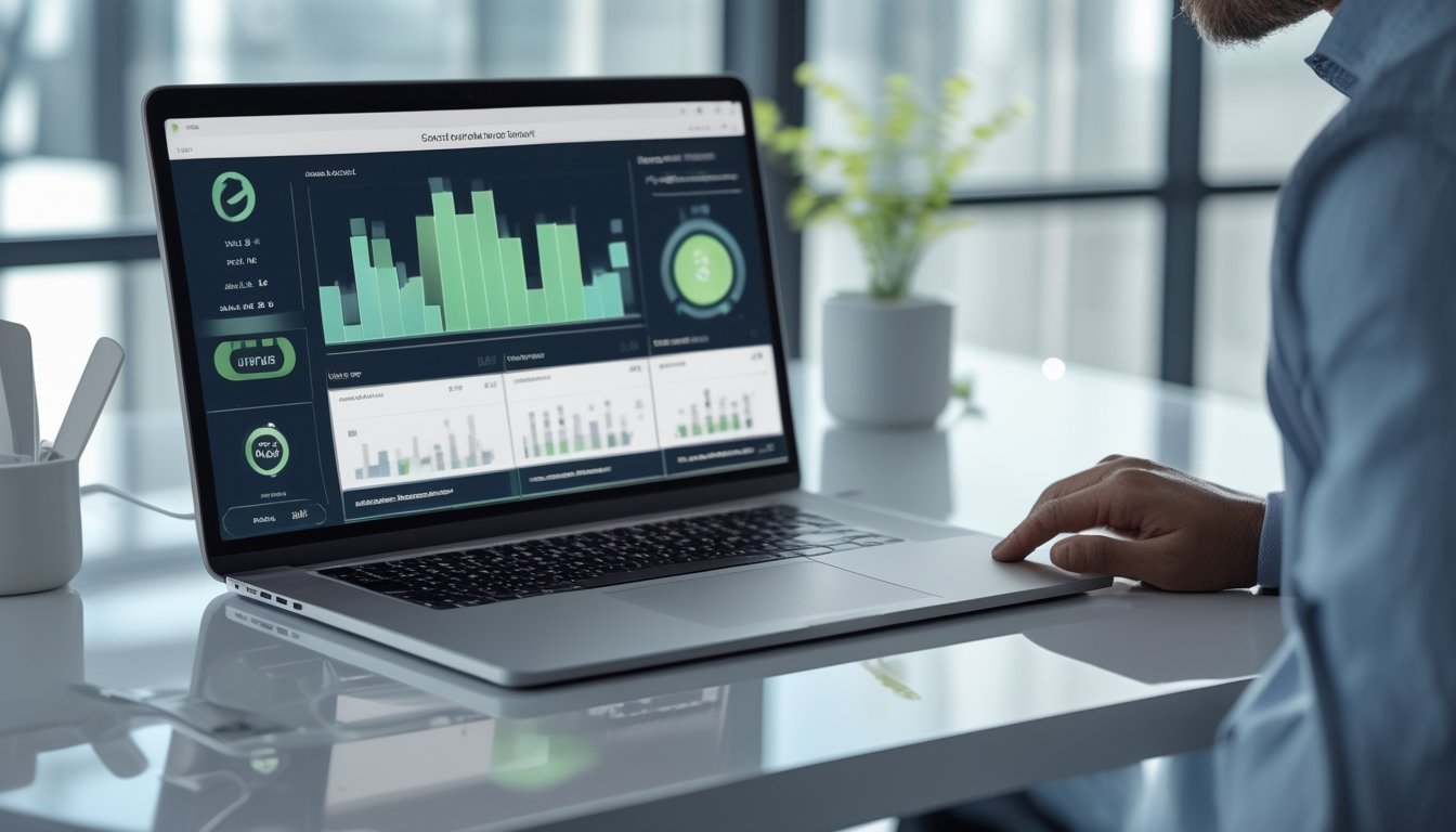 Seseorang memeriksa dasbor hasil waktu nyata pada laptop dan ponsel di meja kerja modern.