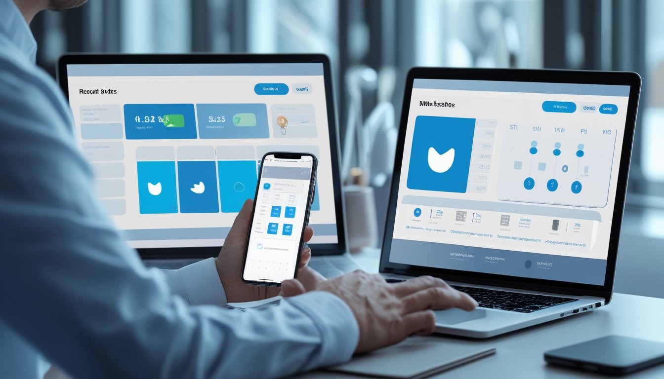 Seseorang memeriksa jadwal dan hasil digital melalui laptop dan ponsel di meja kerja.