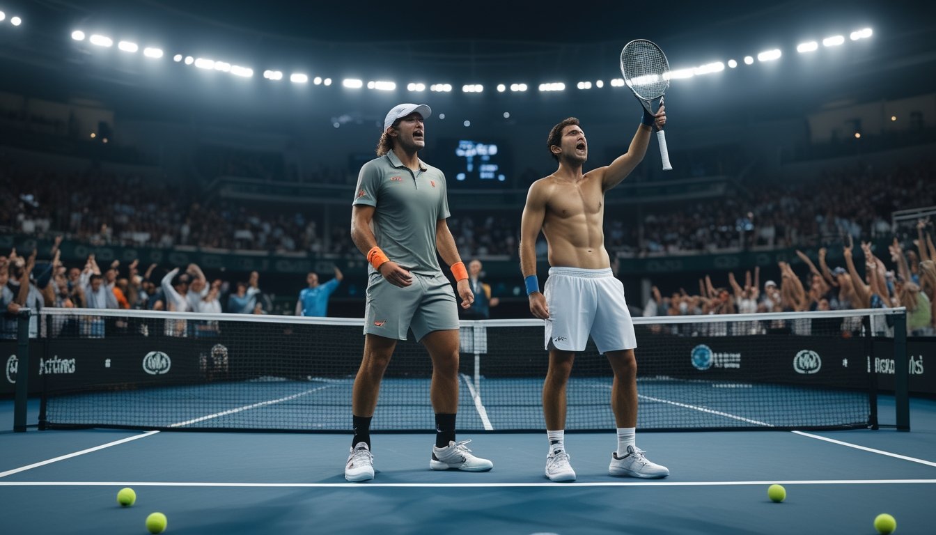 Dua pemain tenis bereaksi setelah pertandingan final yang dramatis di lapangan keras, disaksikan penonton yang bersorak.