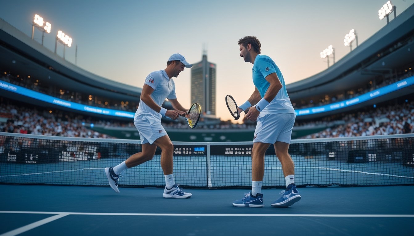 Dua pemain tenis berada di lapangan setelah pertandingan final yang berlangsung dramatis, dengan salah satunya merayakan kemenangan dan yang lainnya tampak terkejut.