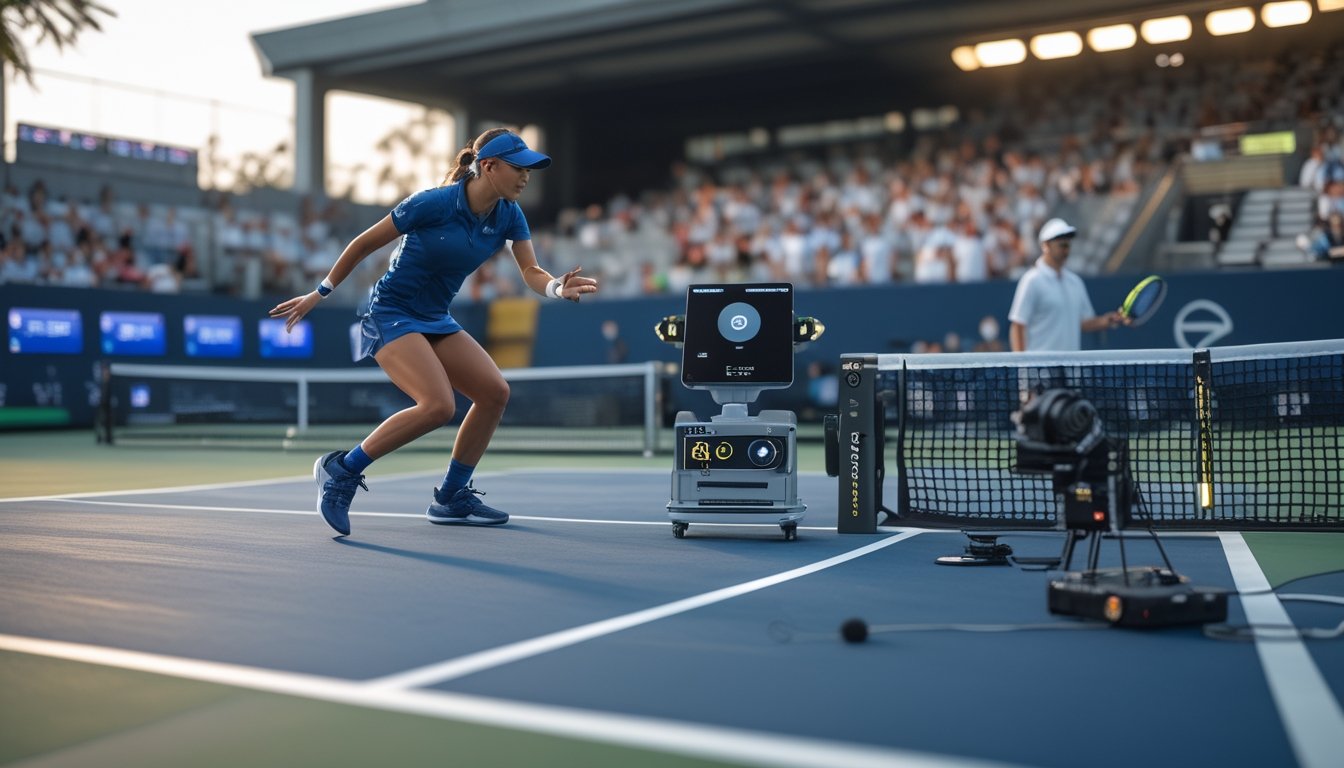 Dua pemain tenis bertanding di lapangan modern dengan sistem pemantauan elektronik dan teknologi pelacakan bola.
