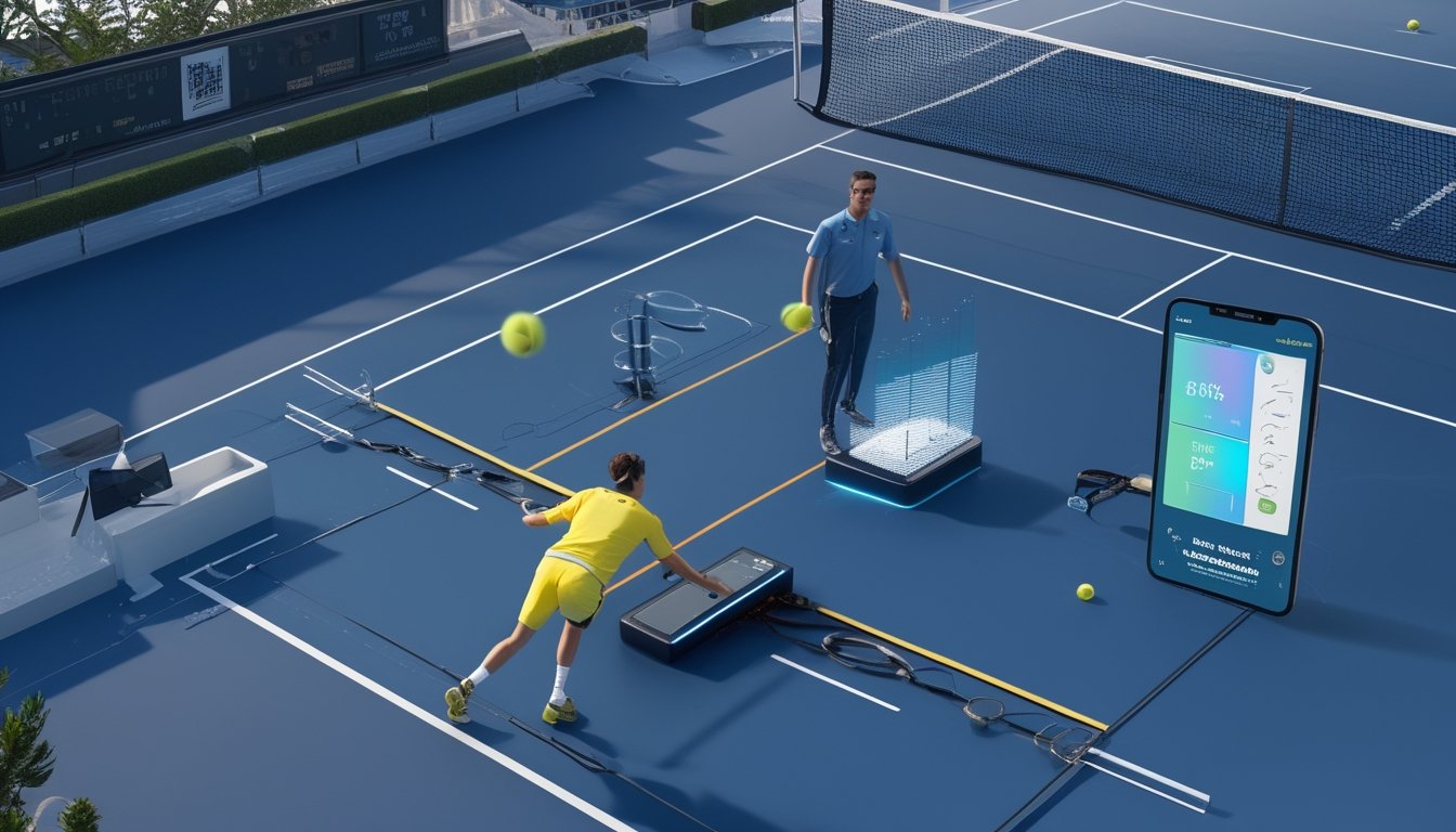 Pemain tenis bertanding di lapangan modern dengan perangkat pemantau digital dan wasit yang meninjau tablet.