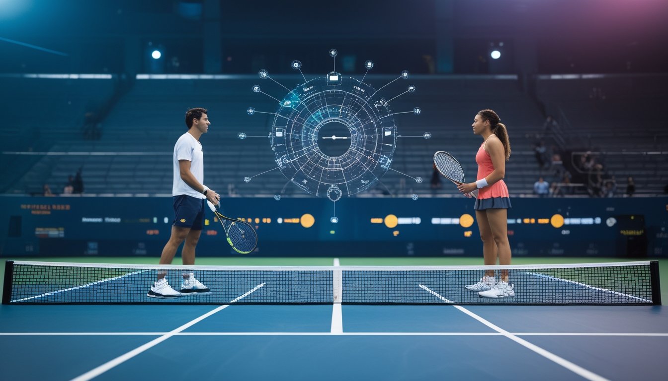 Dua pemain tenis unggulan bertanding di lapangan dengan visualisasi data statistik transparan di sekelilingnya.