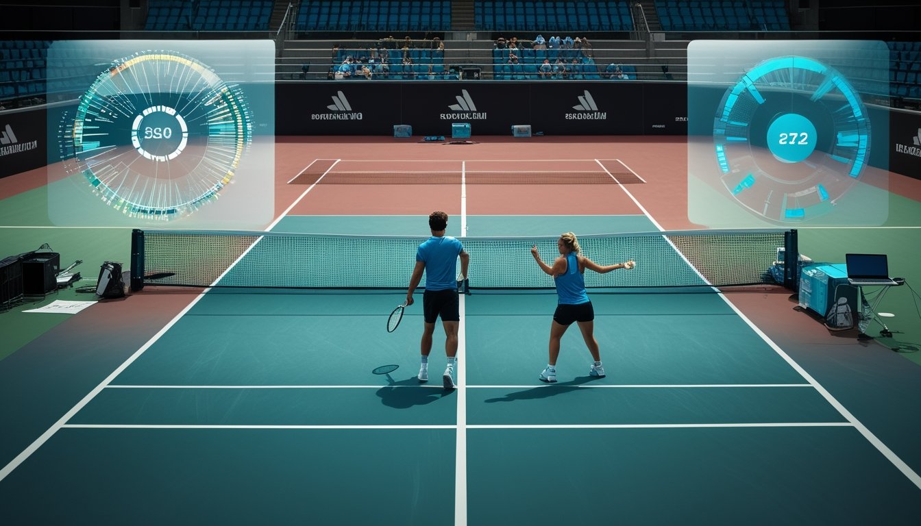 Dua pemain tenis bertanding di lapangan dengan visualisasi data analisis pertandingan di area stadion.