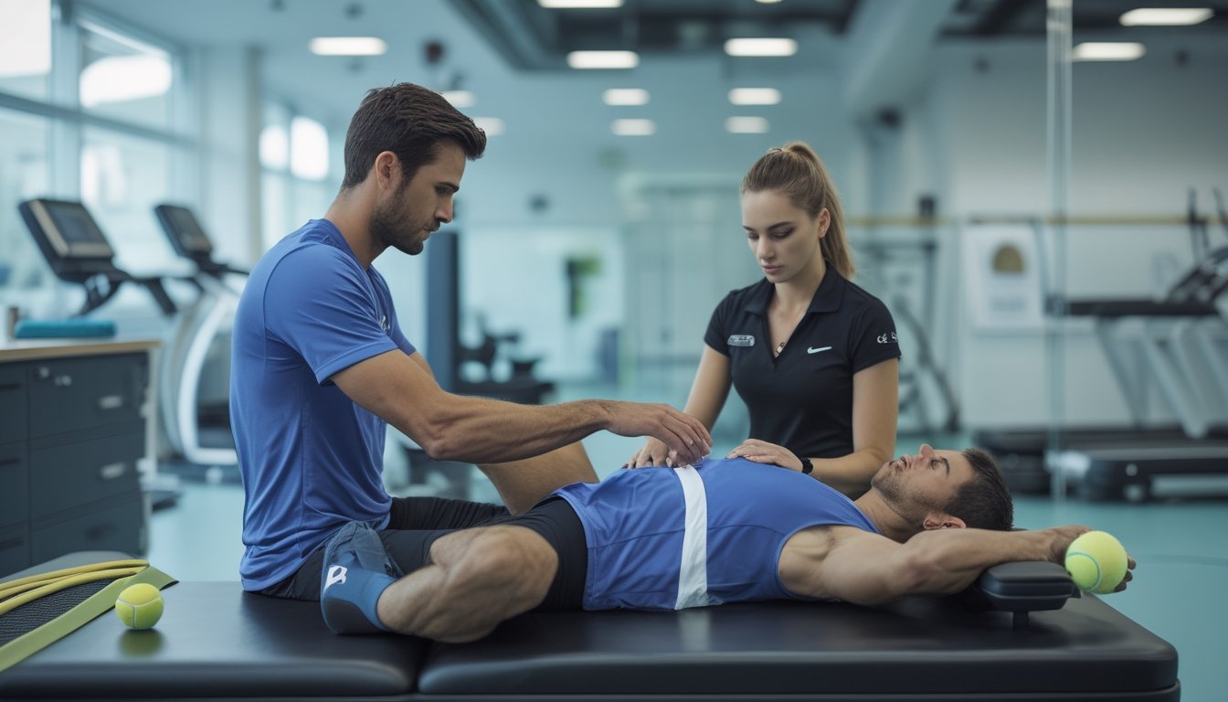 Seorang atlet tenis menjalani latihan pemulihan kaki dan pinggul bersama fisioterapis di klinik olahraga.