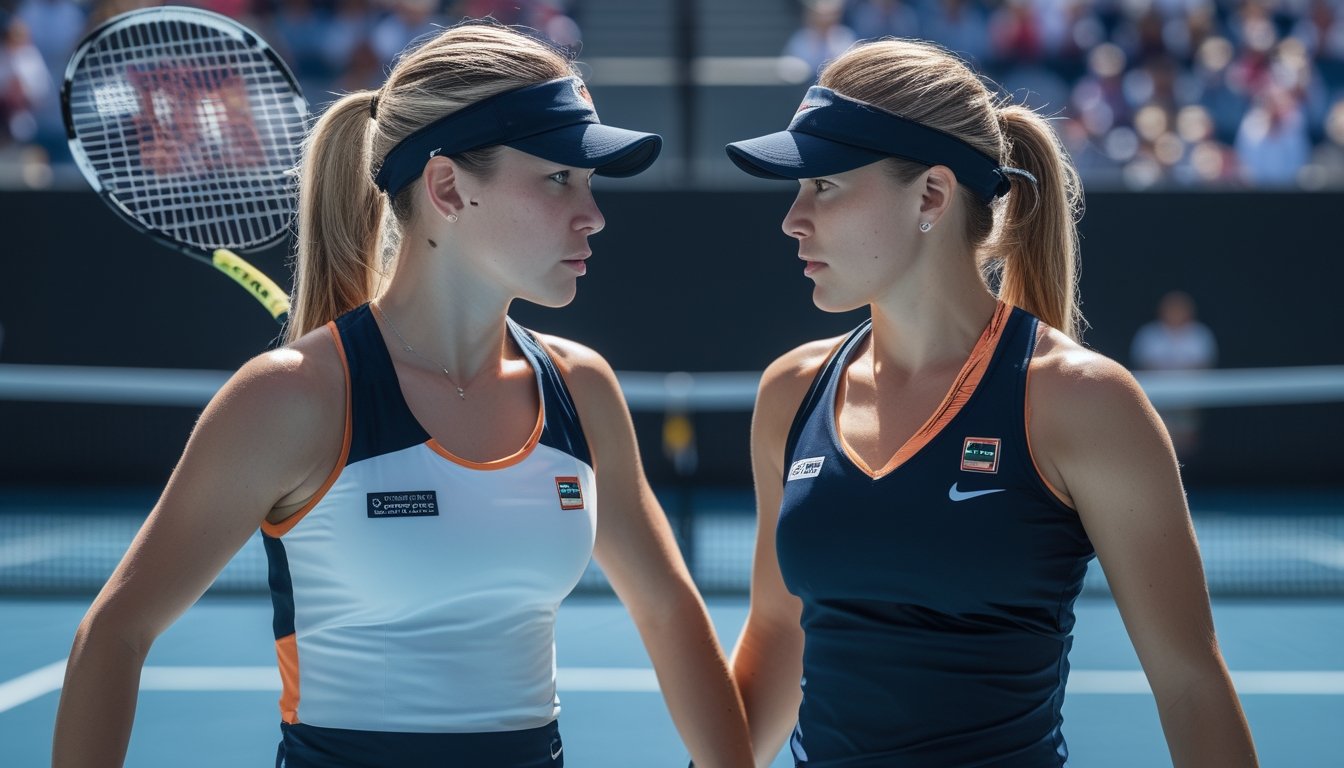 Dua petenis profesional bertanding sengit di lapangan dalam suasana turnamen WTA.