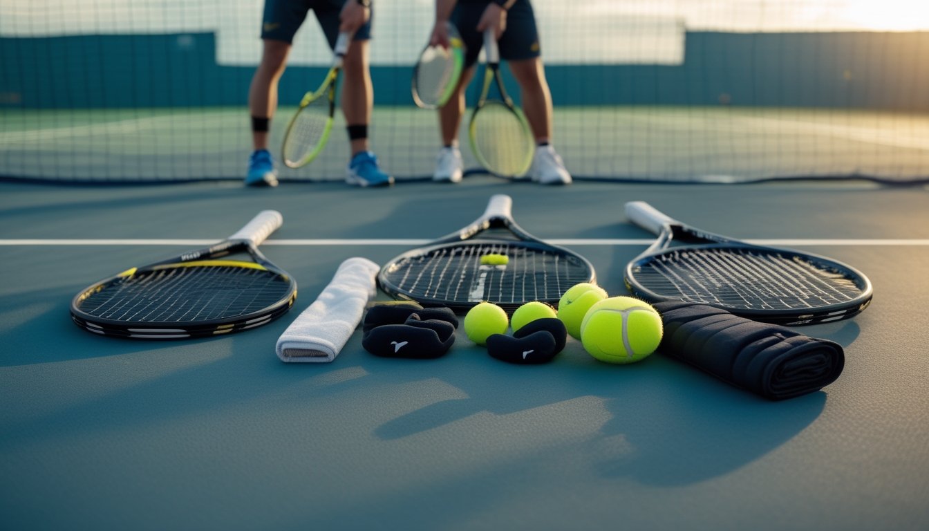 Raket tenis profesional dan perlengkapannya tertata di lapangan tenis dengan atlet di latar belakang.