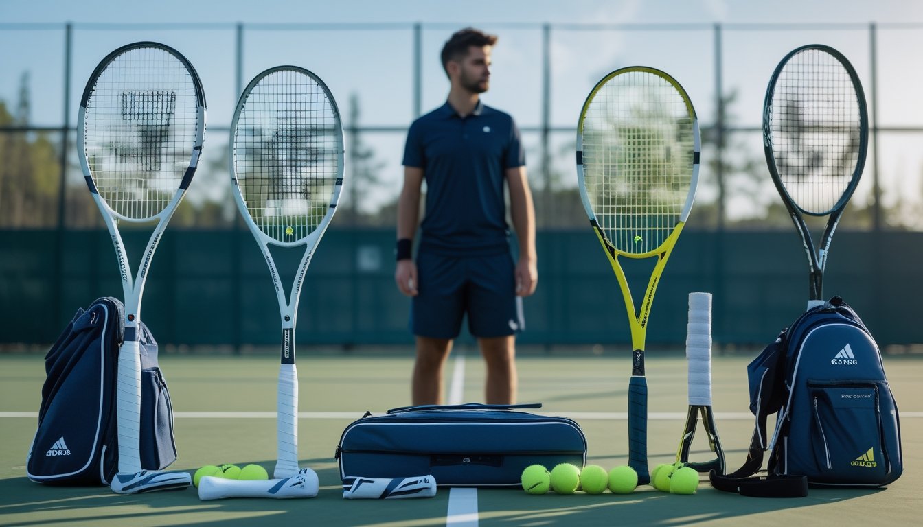 Berbagai raket dan perlengkapan tenis tertata di lapangan, sementara seorang pemain membandingkan dua raket.