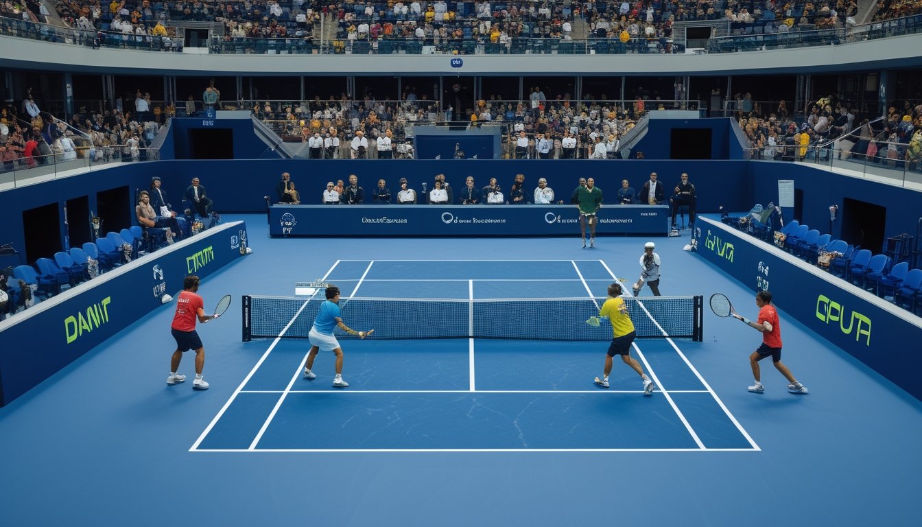 Pertandingan tenis beregu berlangsung di lapangan stadion dengan dua tim yang sedang bertanding.