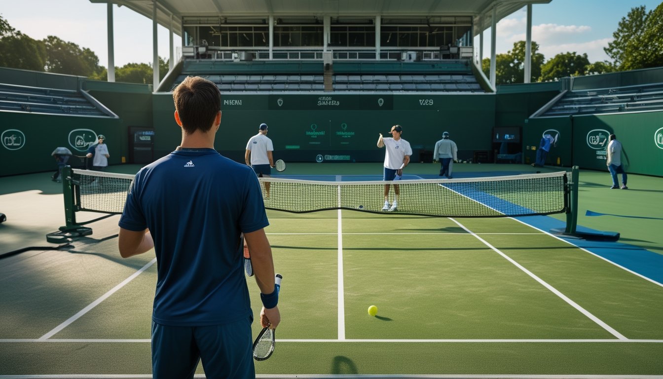Pemain tenis berlatih di lapangan saat staf menyiapkan stadion untuk turnamen besar.