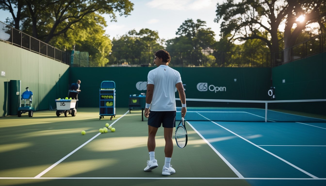 Petenis profesional berlatih di lapangan rumput dengan pelatih dan perlengkapan tenis.