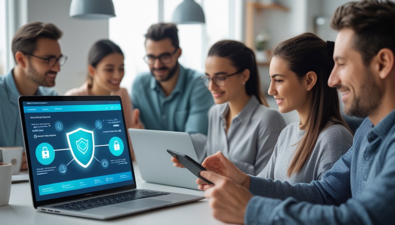 Orang dewasa menggunakan perangkat digital untuk meninjau platform online yang aman dan modern.