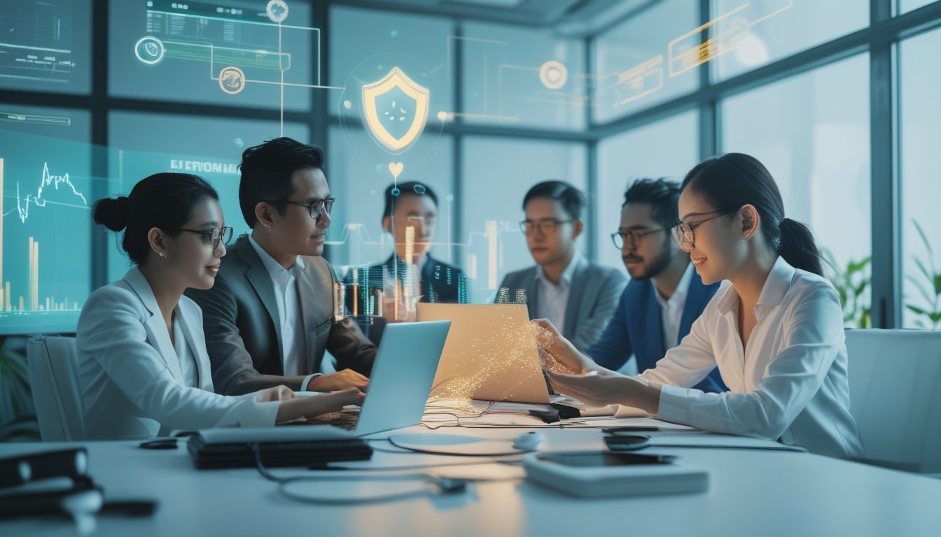 Tim profesional dewasa memeriksa platform digital yang aman menggunakan laptop dan ponsel di kantor modern.