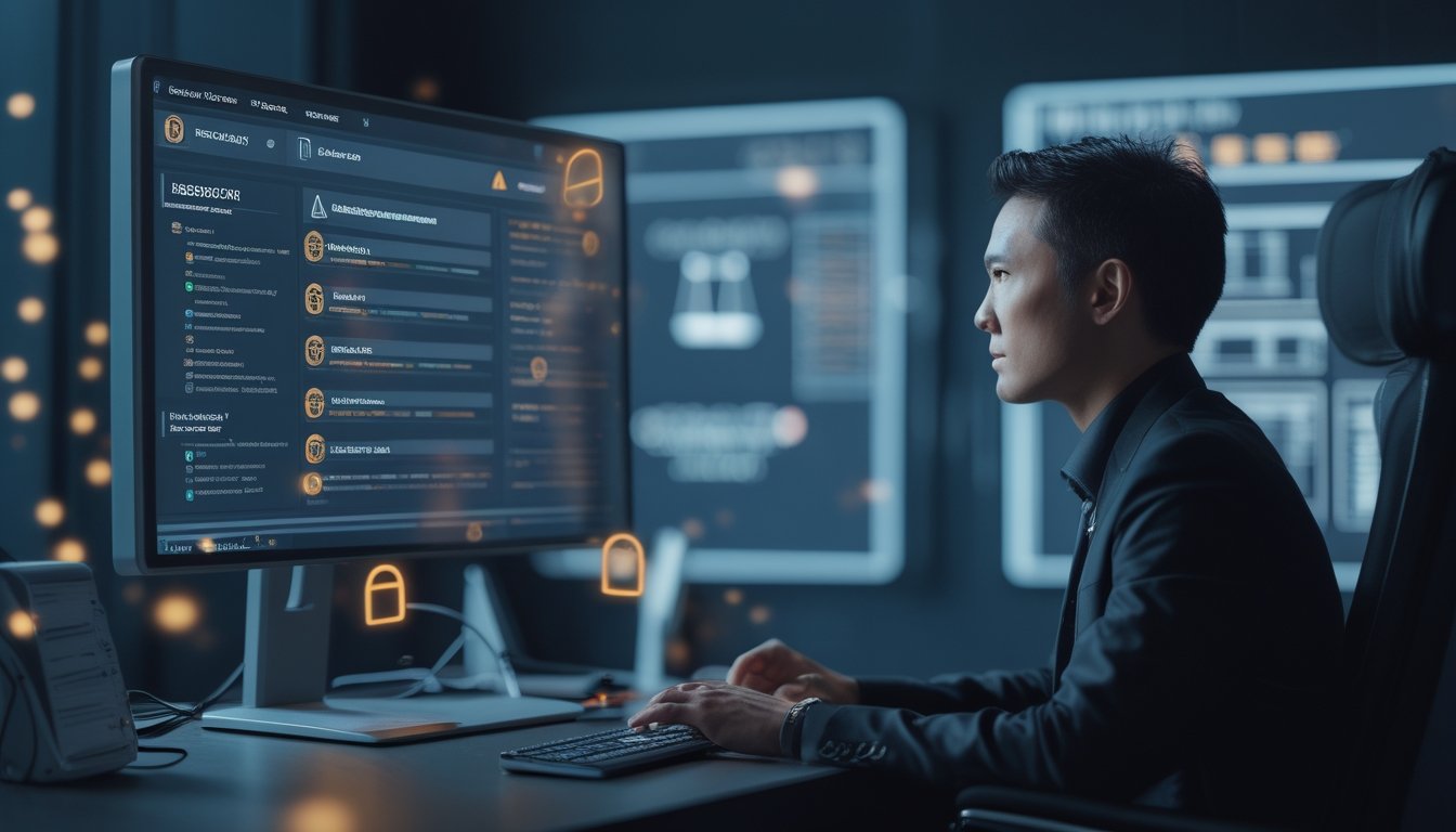 Seorang analis keamanan meninjau risiko hukum dan perlindungan data perjudian online di depan komputer dengan simbol perisai dan peringatan.