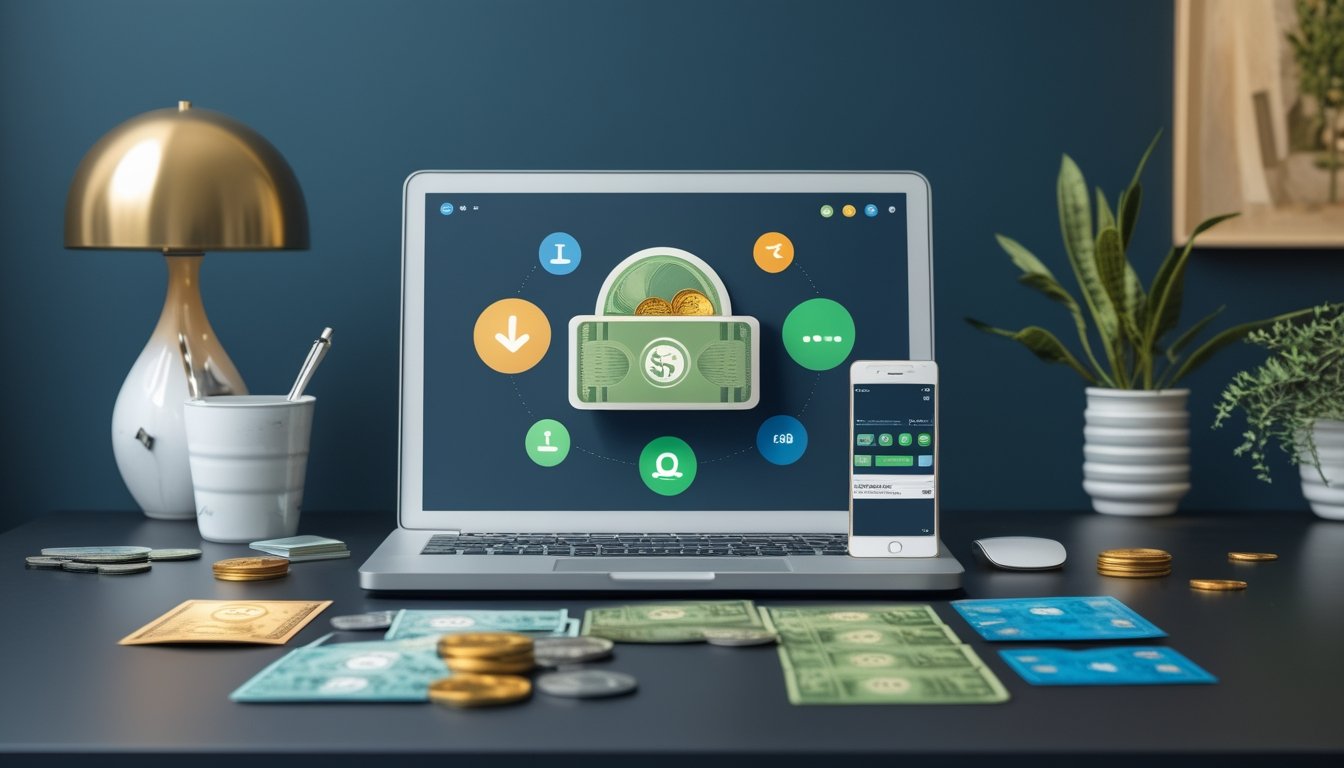 Laptop dan ponsel menampilkan antarmuka pembayaran digital abstrak di samping dompet serta uang rupiah.