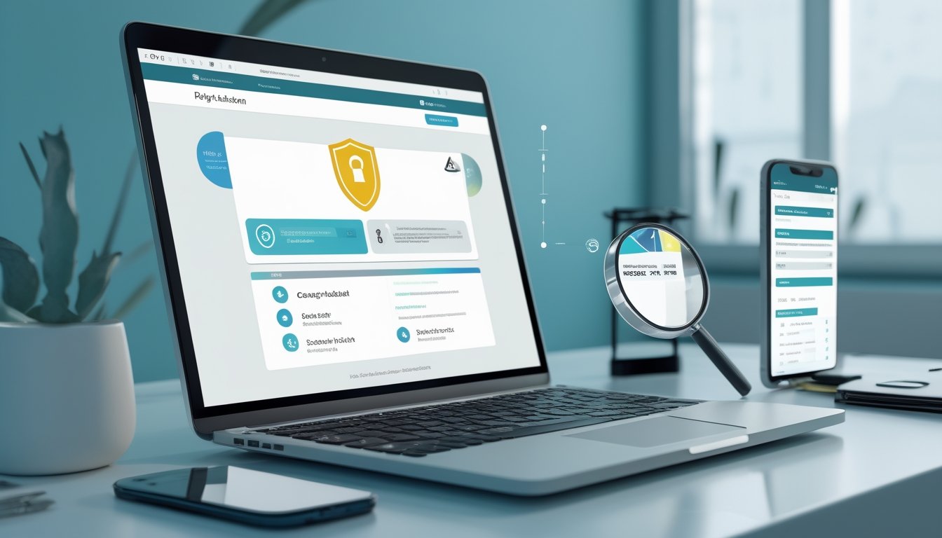 Laptop dan ponsel menampilkan antarmuka digital abstrak dengan ikon keamanan, perisai, dan daftar pemeriksaan di meja kerja modern.