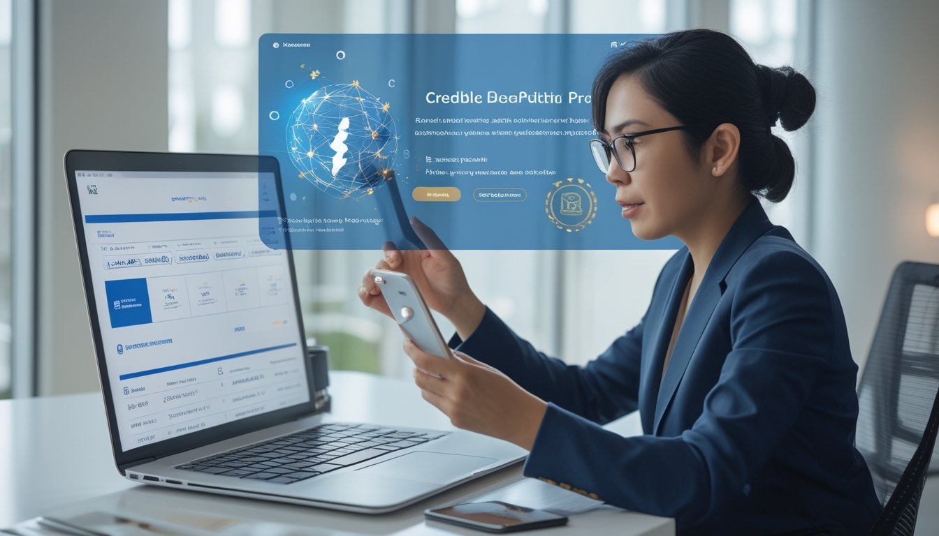Seorang profesional menilai keamanan dan kredibilitas platform digital menggunakan laptop dan ponsel.