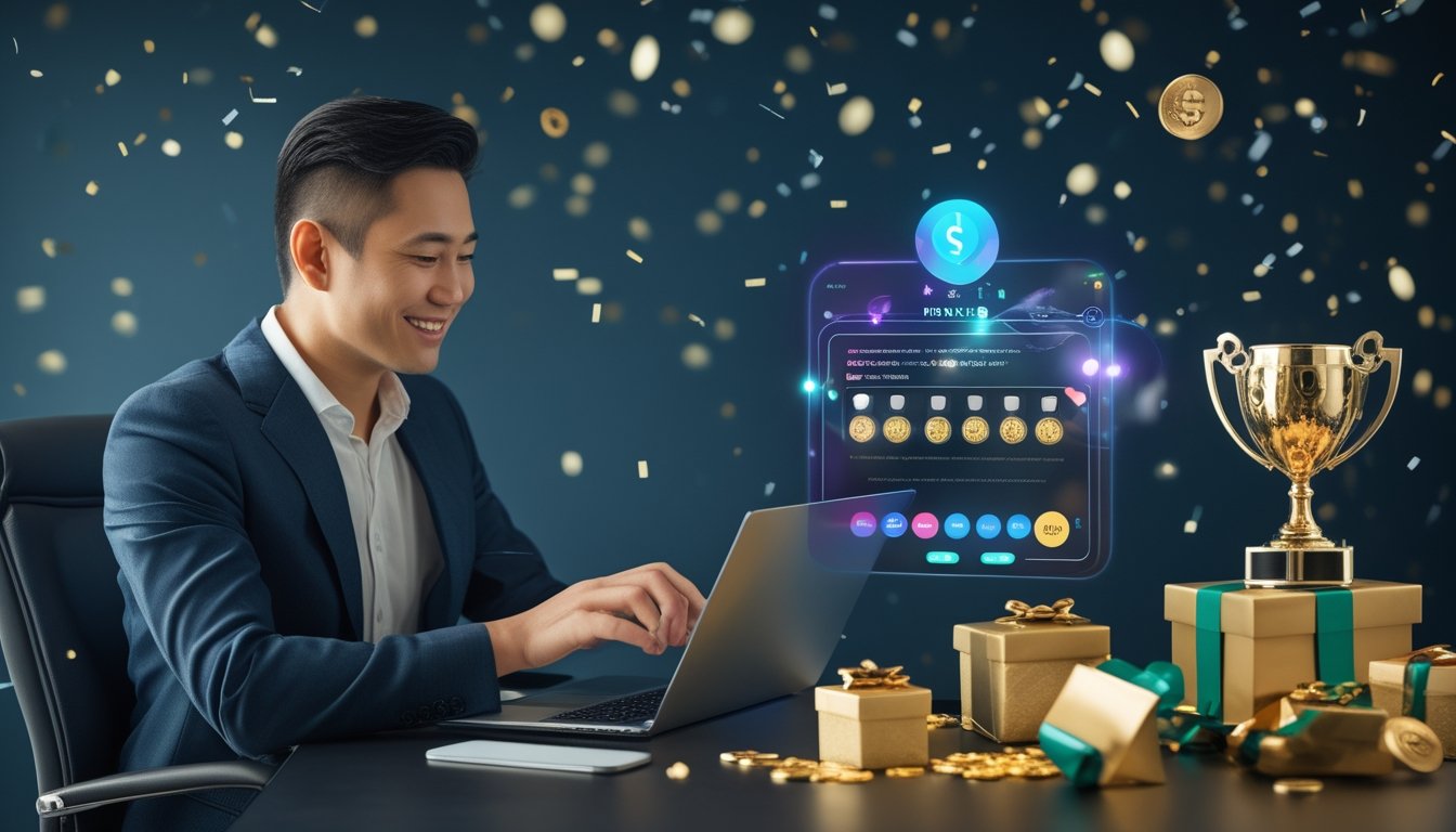 Seorang profesional menggunakan laptop dan ponsel di meja modern dengan hadiah emas, trofi, dan konfeti di sekitarnya.