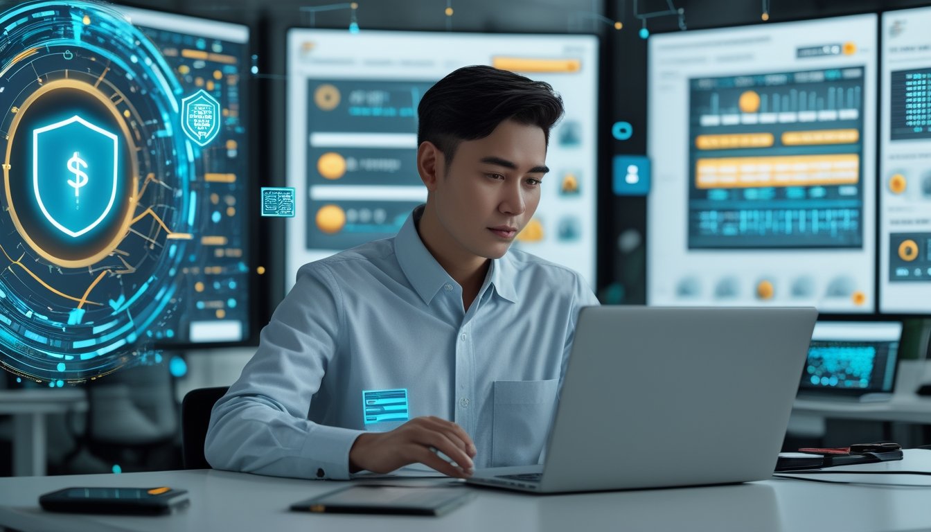 Seorang profesional menggunakan laptop di kantor modern dengan simbol perisai dan tanda verifikasi yang menggambarkan platform digital aman.