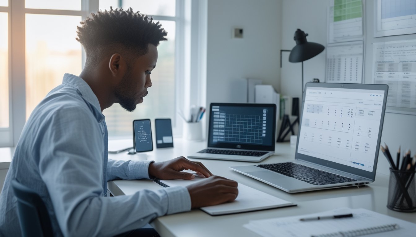 Orang dewasa mempelajari data angka di laptop pada meja kerja dengan kalkulator dan buku catatan.