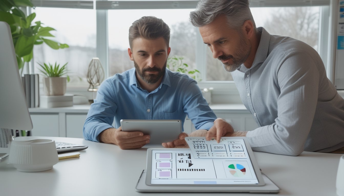 Seorang pemula mempelajari konsep togel online melalui tablet dan catatan dengan bimbingan seorang mentor di ruang kerja modern.