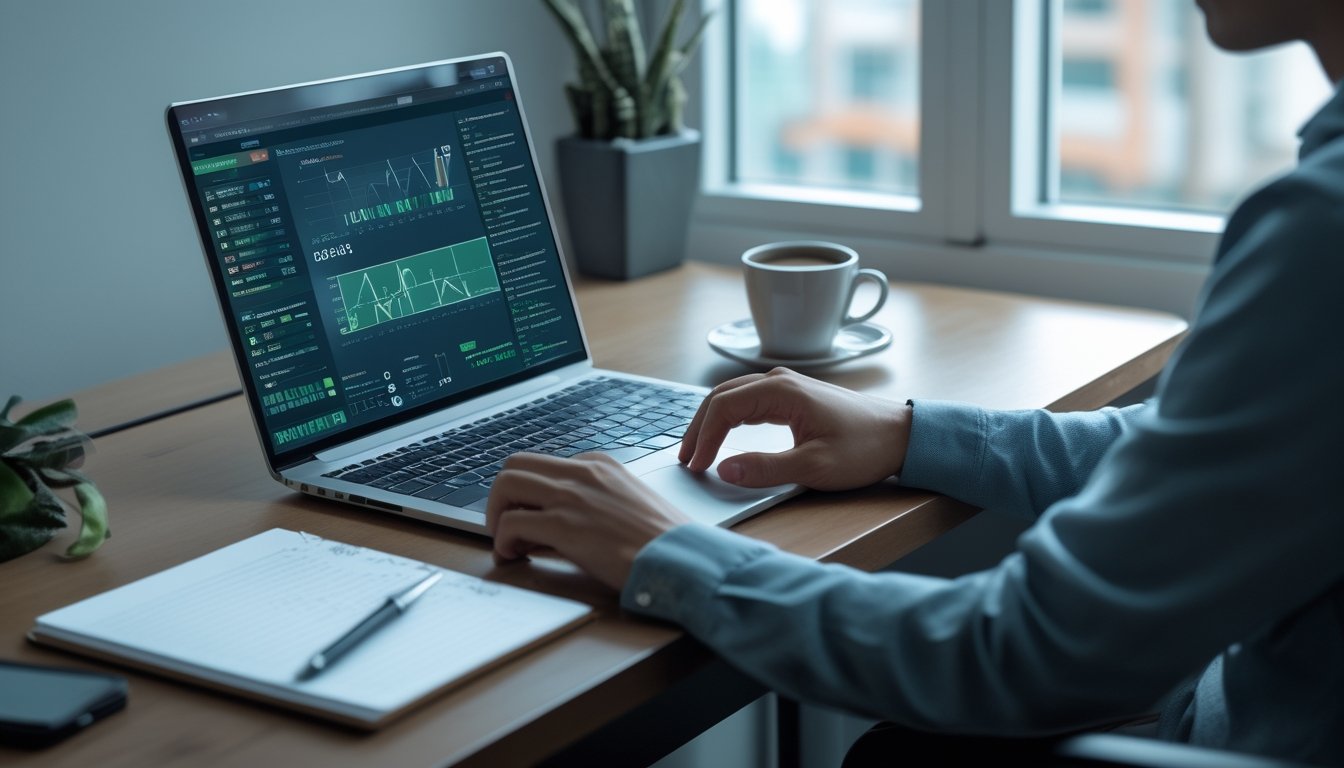 Seorang analis mempelajari grafik dan data numerik di laptop pada meja kerja yang rapi.