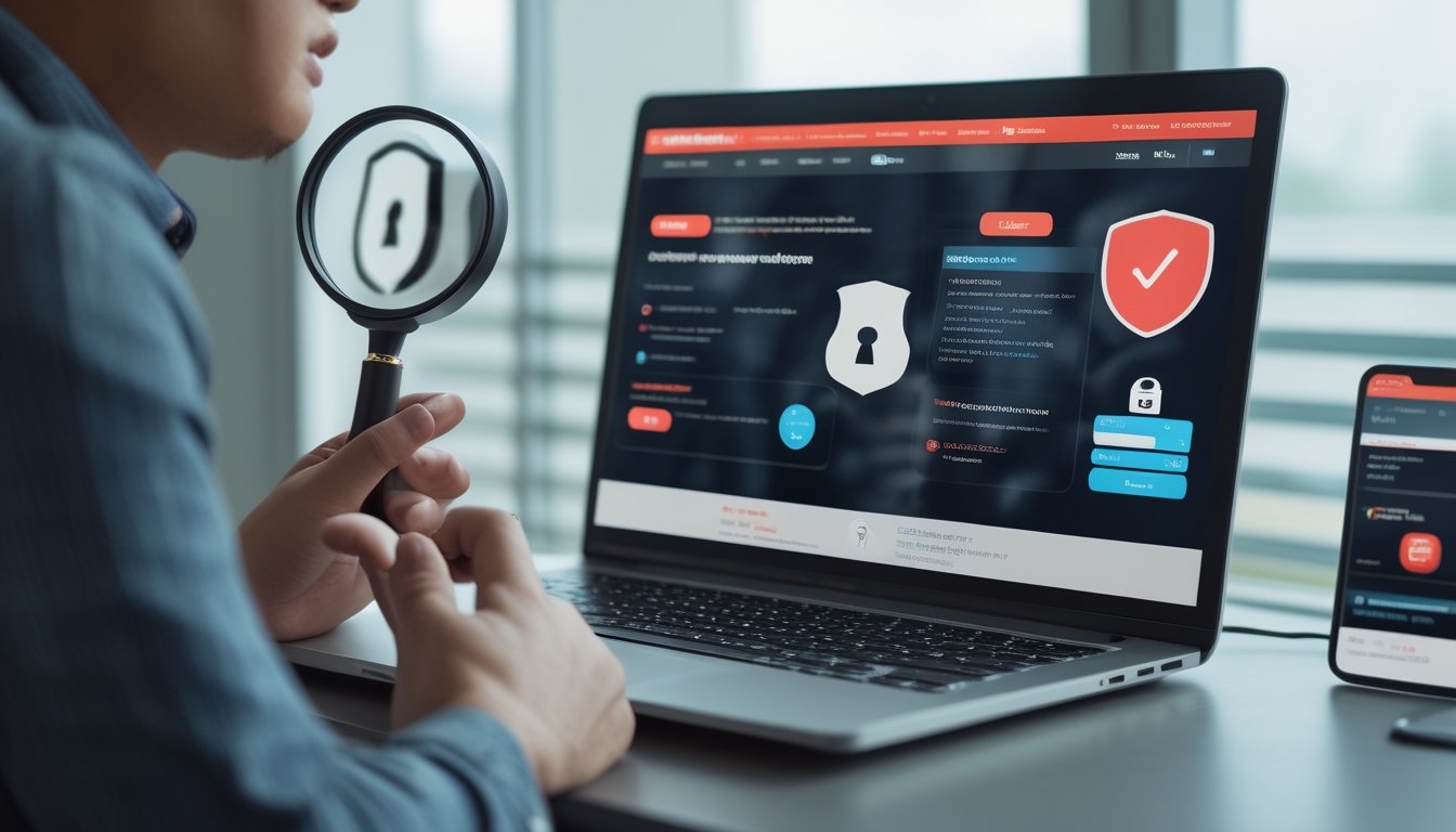 Seorang pengguna tampak waspada saat memeriksa situs taruhan online mencurigakan di laptop dengan simbol peringatan.