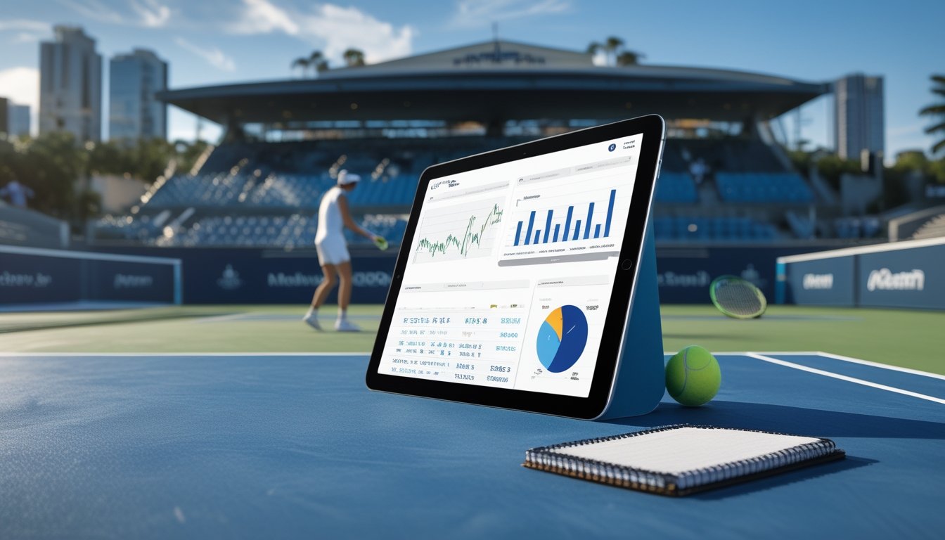 Pemain tenis bersiap melakukan servis di lapangan keras stadion dengan tablet analisis dan perlengkapan tenis di latar depan.