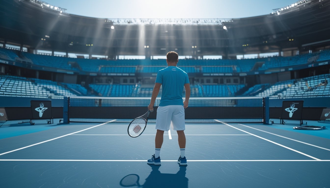Pemain tenis bersiap melakukan servis di lapangan keras dengan stadion turnamen di latar belakang.