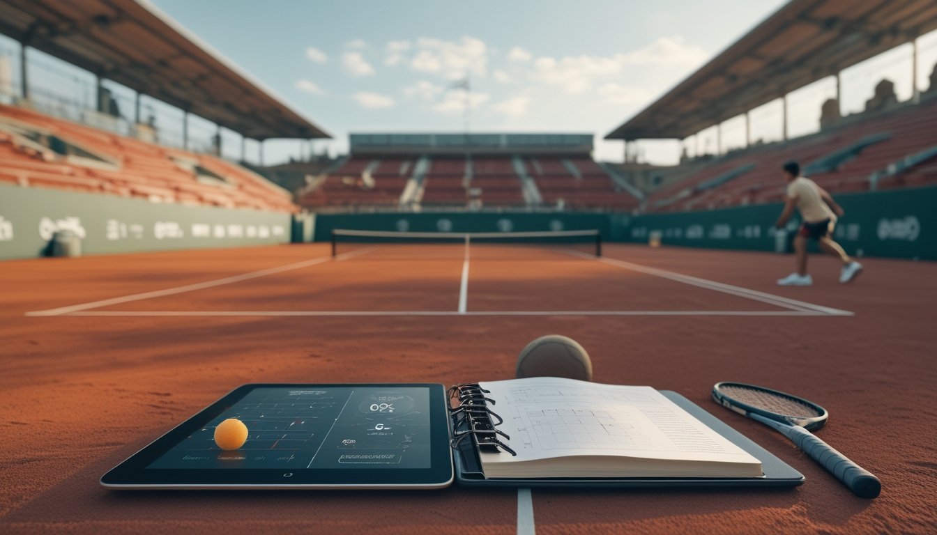 Pemain tenis berlatih di lapangan tanah liat dengan tablet analisis dan perlengkapan tenis di latar depan.