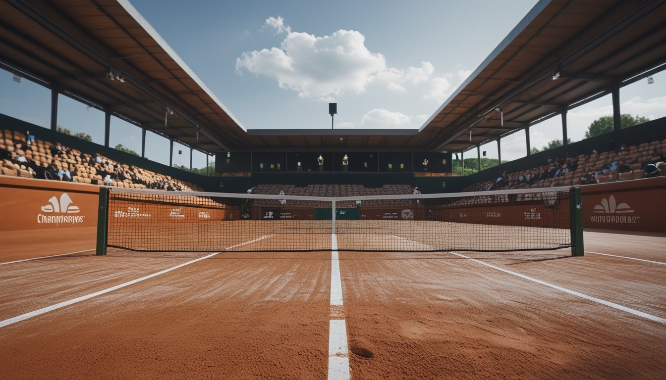 Lapangan tenis tanah liat merah di Roland Garros dengan pemain bertanding dan tribun stadion di latar belakang.