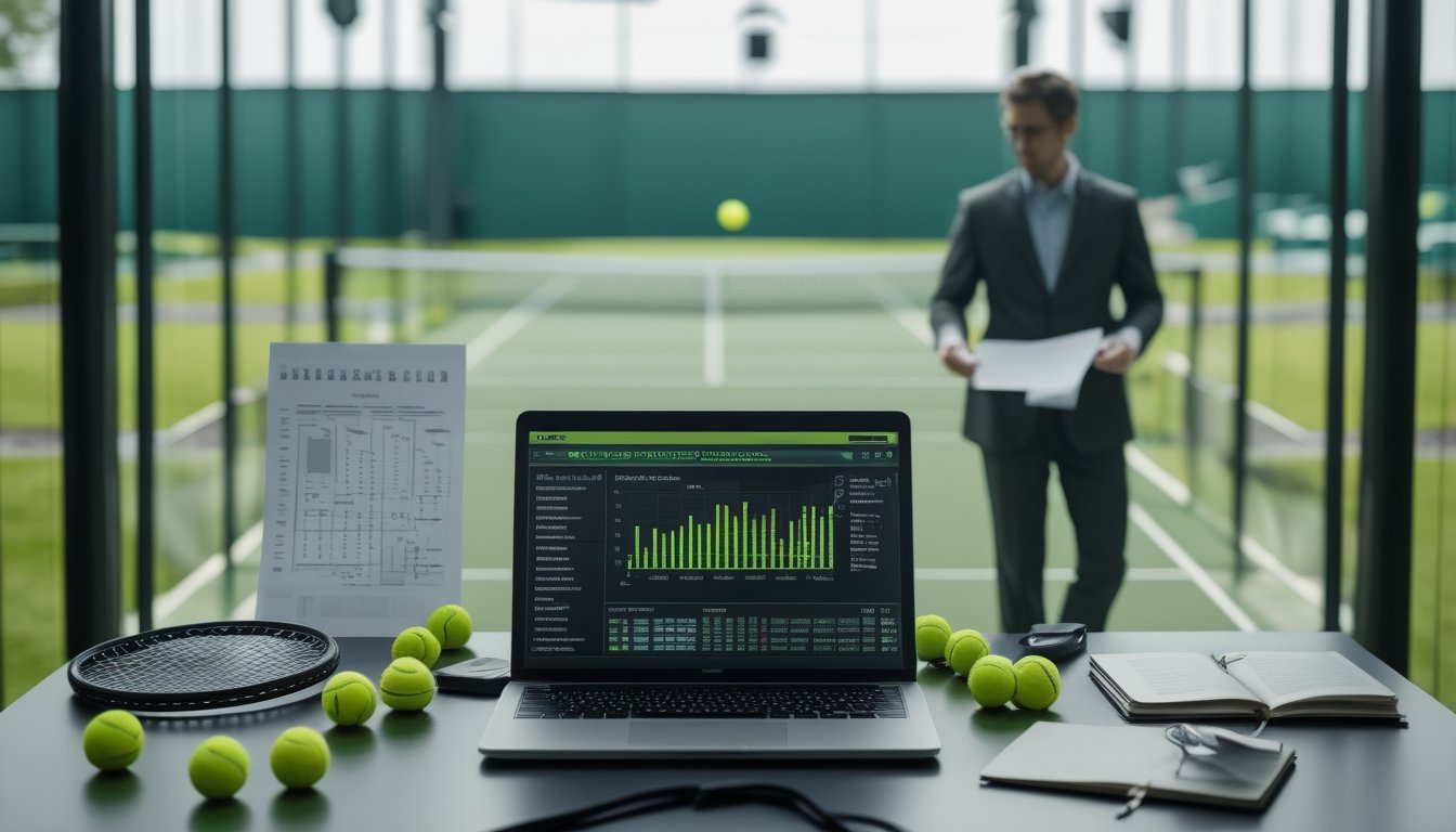 Analis sedang mempelajari data pertandingan tenis lapangan rumput di dekat jendela yang menghadap lapangan tenis.