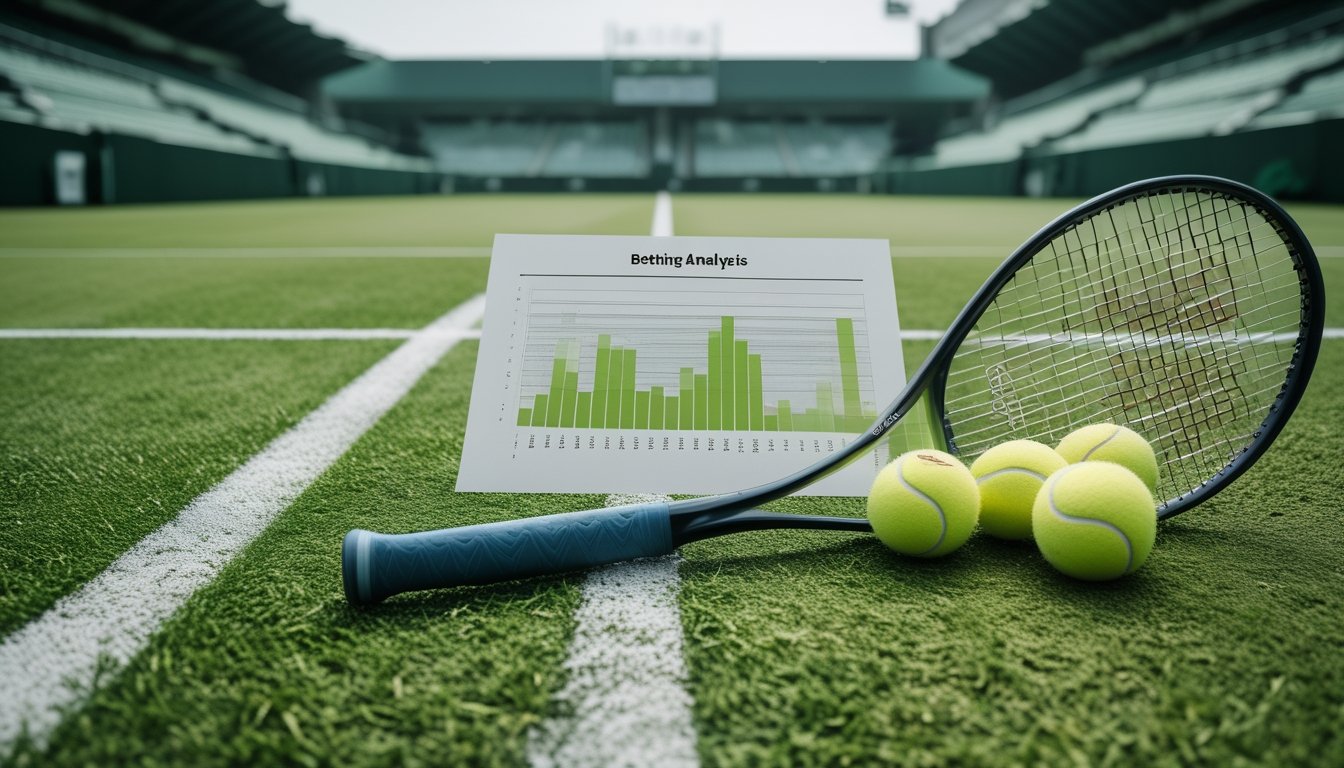Lapangan tenis rumput bergaris rapi dengan raket, bola tenis, dan elemen analisis taruhan abstrak di stadion.