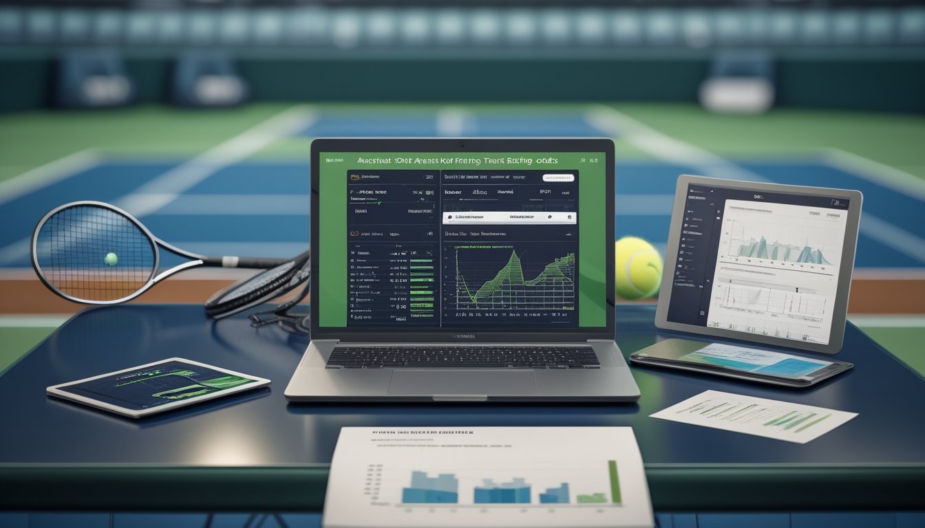 Meja analisis dengan laptop, grafik data abstrak, raket tenis, dan bola tenis dalam suasana lapangan tenis modern.