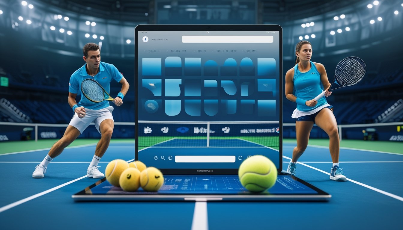 Pemain tenis putra dan putri bertanding di lapangan keras dengan perangkat analisis taruhan di latar depan.