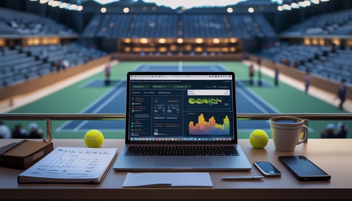 Meja analisis olahraga dengan laptop berisi grafik pertandingan tenis dan stadion tenis profesional di latar belakang.