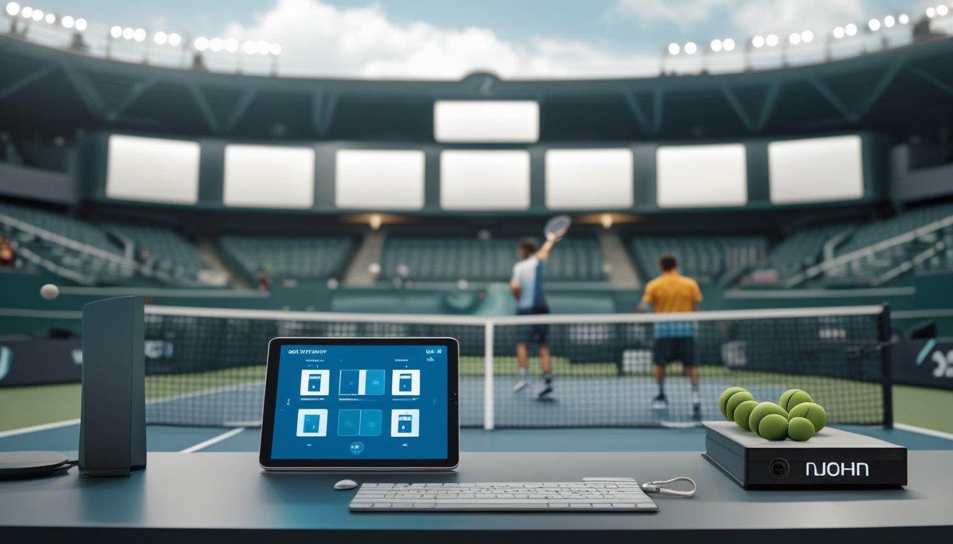 Pemain tenis bersiap melakukan servis di lapangan stadion, dengan suasana turnamen profesional dan meja analisis di dekat lapangan.