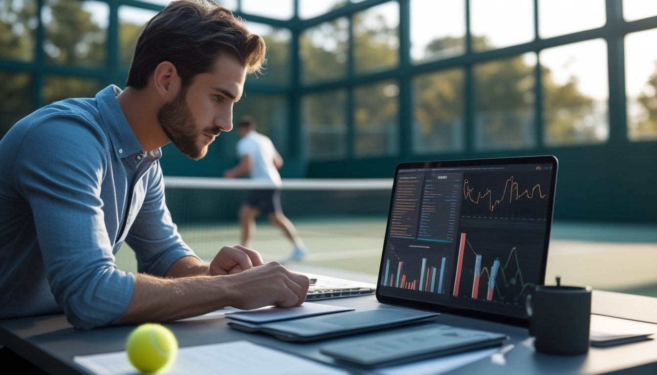 Seorang analis mempelajari data pertandingan tenis di tablet dengan lapangan tenis dan pemain di latar belakang.
