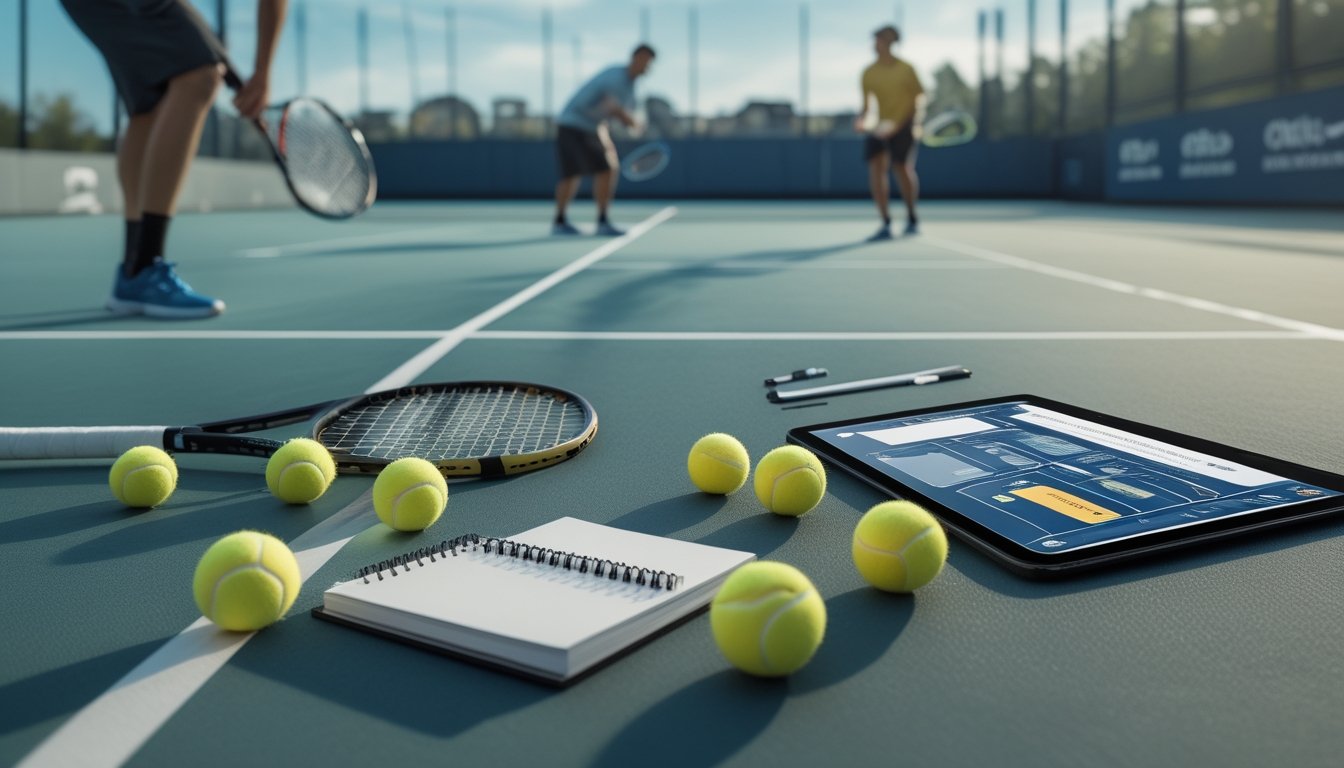 Dua pemain tenis bersiap di lapangan dengan raket, bola tenis, dan perangkat analisis di dekatnya.